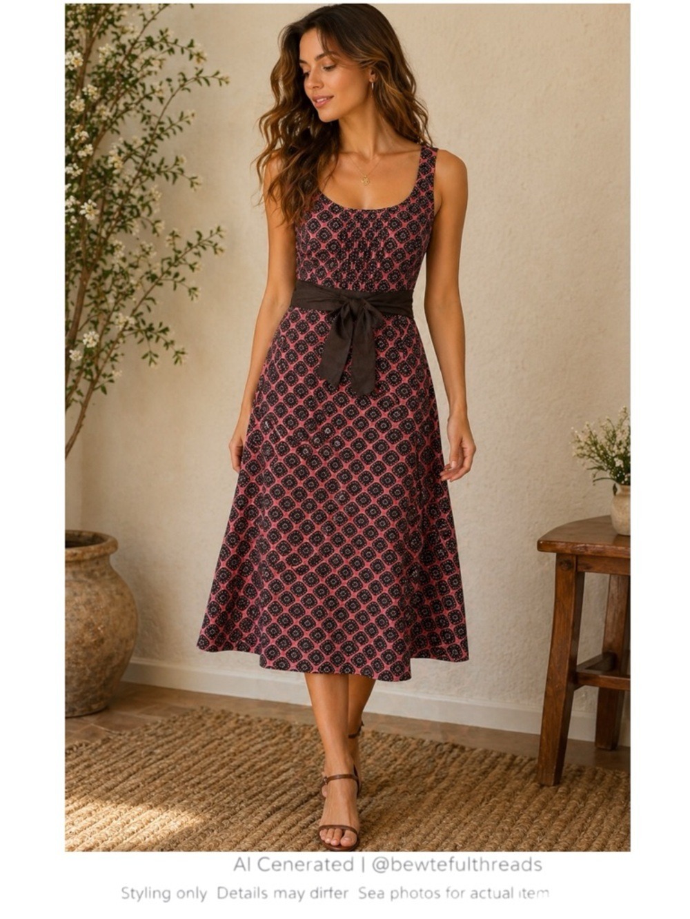 Vintage Cottagecore Silk Blend Midi Dress Pink Brown Smocked Waist